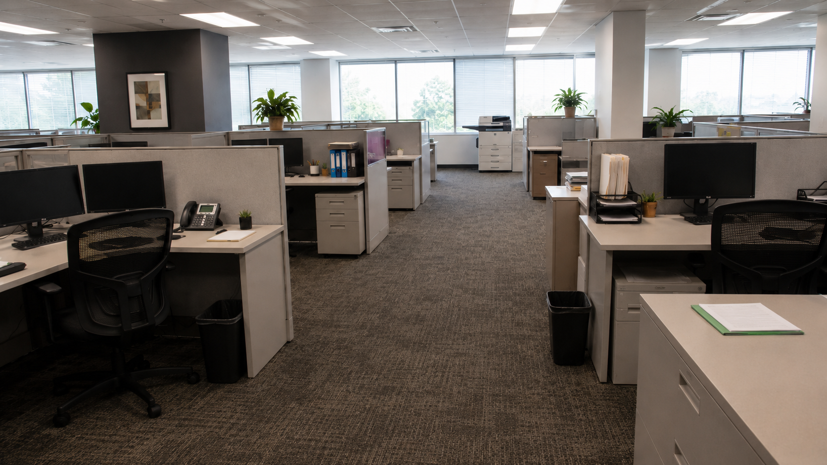 Bright modern open-plan office, freshly cleaned